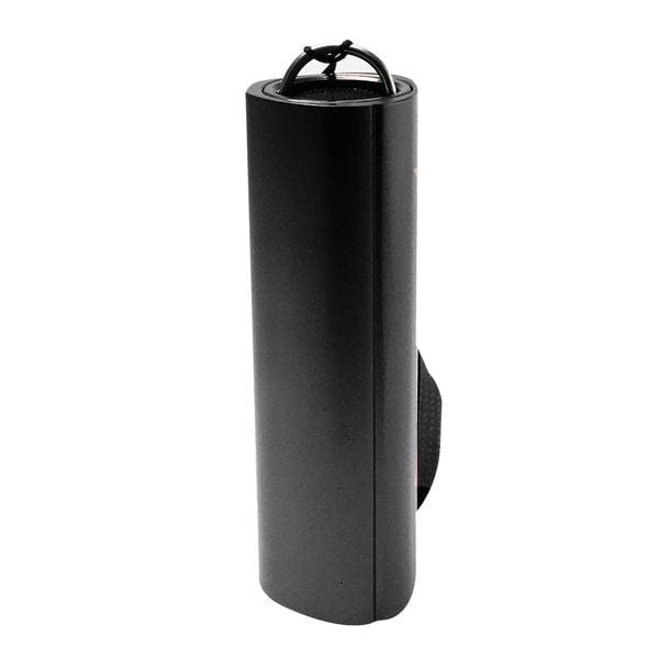 Schwarze Taschenlampe mit schwarzem Knopf und schwarzem Band