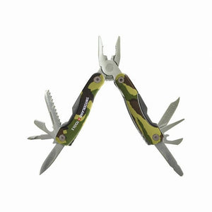 Camouflage-grünes, ausgeklapptes Taschenwerkzeug mit silbernen Werkzeugen und silbernen Details und "Switzerland-Tools" Aufschrift