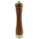 Braune Pfeffermühle aus dunklem Holz und goldenen Details
