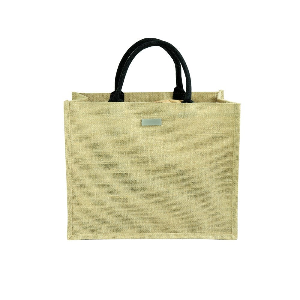 Hellbraune Tragtasche mit schwarzen Henkeln und Schweizerwappen Design von hinten