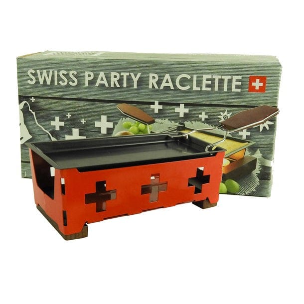 Rotes Tischraclette mit Schweizerwappen Design und der Kartonverpackung