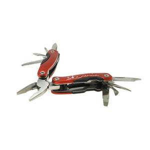 Rotes, ausgeklapptes Taschenwerkzeug mit silbernen Werkzeugen und silbernen Details, Bergmotiv und weisser Aufschrift