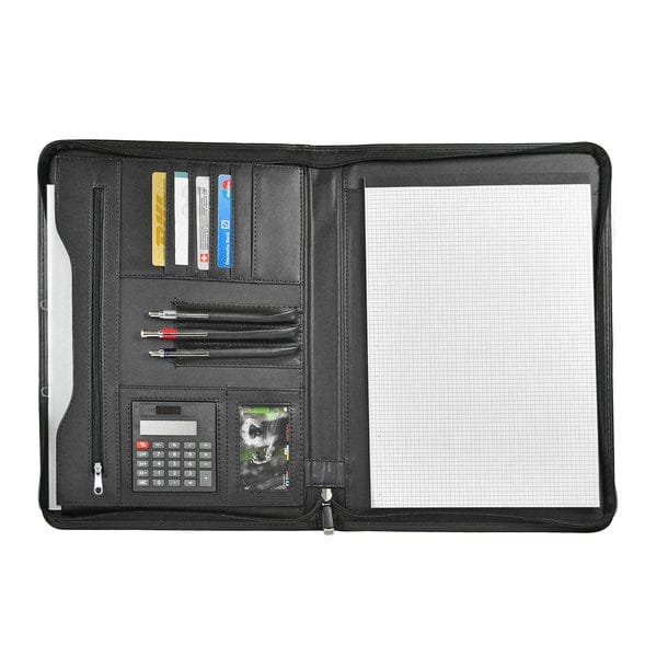 Schwarze, geöffnete Lederschreibmappe mit Notizblock, Taschenrechner, Kartenfach und Papierfach