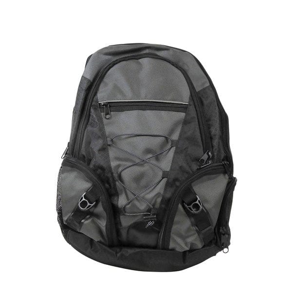 Grauer und schwarzer Rucksack mit Reißverschlussfächern und Frontschnürung