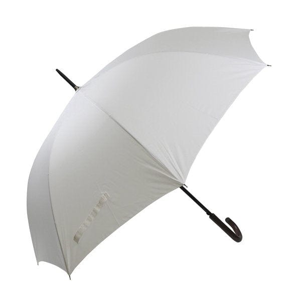 Geöffneter, weisser Regenschirm mit schwarzem Griff von der Seite