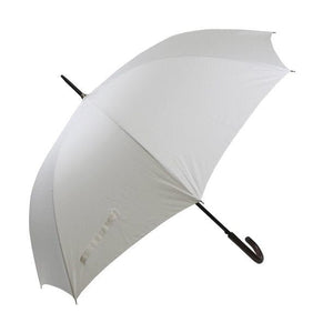 Geöffneter, weisser Regenschirm mit schwarzem Griff von der Seite