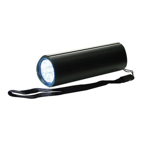 Schwarze Taschenlampe mit schwarzem Knopf und schwarzem Band