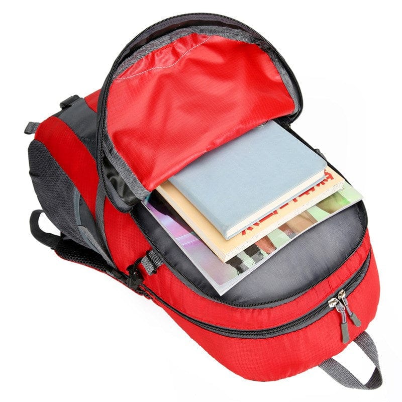 Rot-schwarzer Wanderrucksack mit vielen Zeitungen und Büchern im kleineren Fach