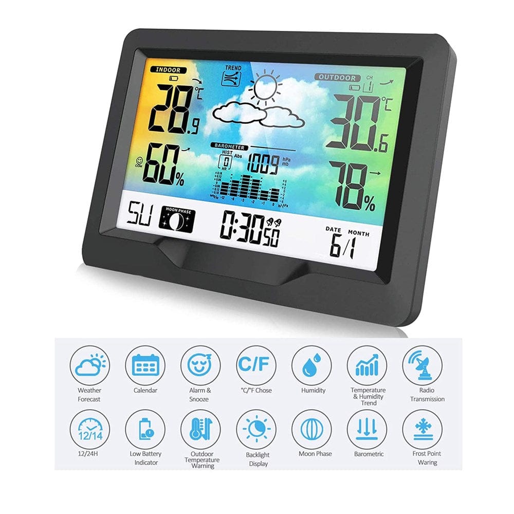 Schwarze Wetterstation mit Digital Bildschirm und Produktdetails