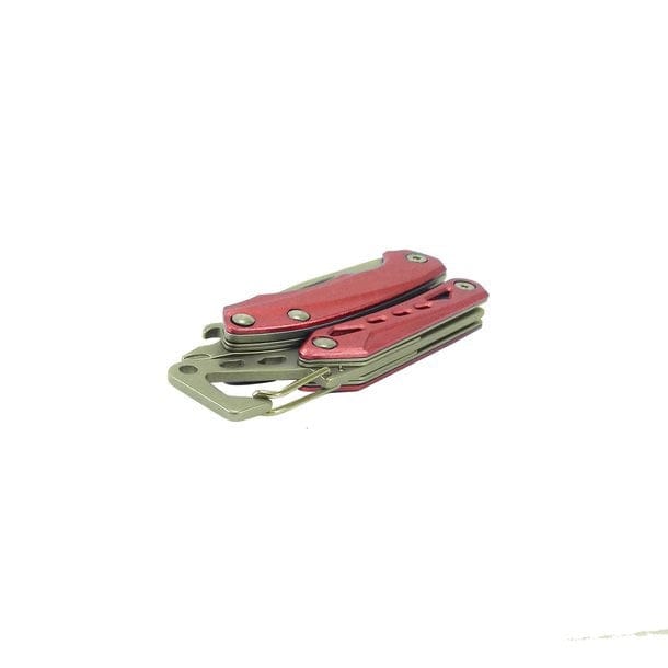 Rotes, klappbares Taschenwerkzeug mit silbernen Werkzeugen von der Seite