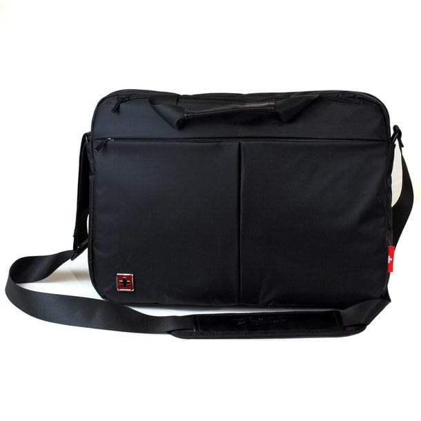 Schwarze Laptoptasche mit Schultergurt und Schweizerwappen Design
