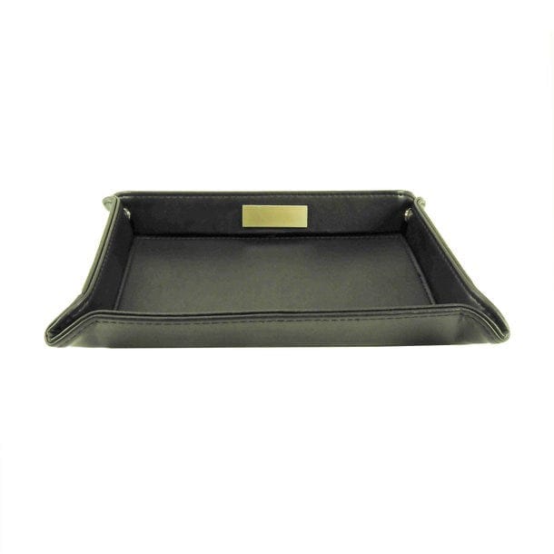 Elegante, schwarze Pultschale aus Leder mit goldenem Schild schräg von vorne