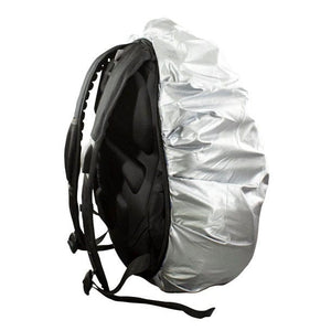 Schwarzer Rucksack mit verschiedenen Fächern, Schweizerwappen Design und weissem Regenschutz