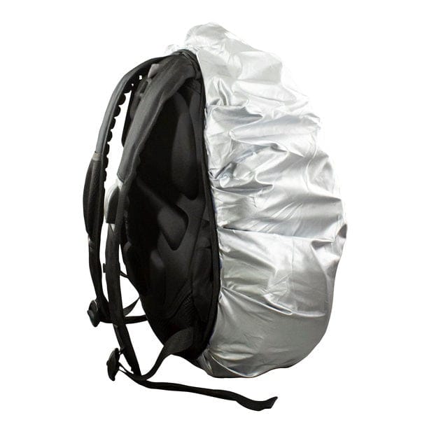 Schwarzer Rucksack mit verschiedenen Fächern, Schweizerwappen Design und weissem Regenschutz