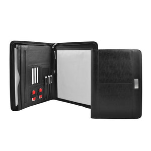 Schwarzer Lederfolder mit Notizblock, Stiften, USB-Sticks, Kartenfach und Papierfach