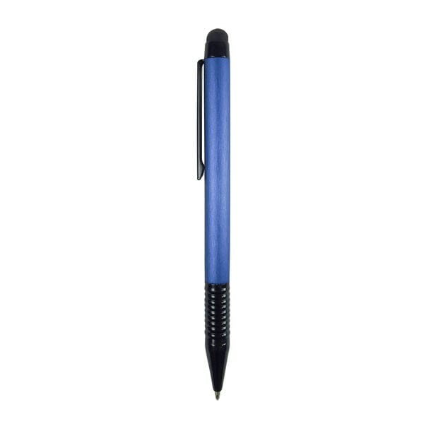 Blauer Kugelschreiber mit schwarzen Details von der Seite
