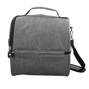 Graue Stoffkühltasche mit Reissverschluss, Schultergurt und Schweizerwappen Design von der Seite