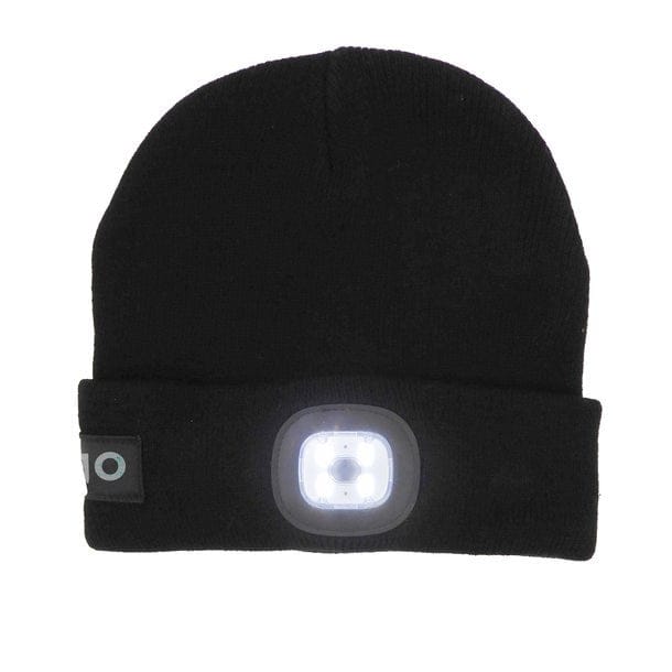 Schwarze Strickmütze mit einem LED Licht an der Vorderseite