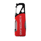Roter Karabiner mit schwarzen und silbernen Details, einer integrierten Taschenlampe und einem "Switzerland" Schriftzug
