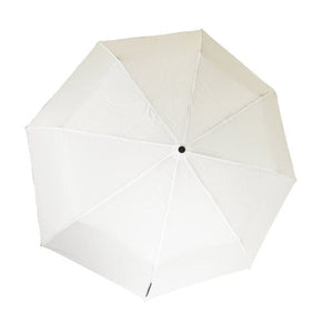 Weisser Regenschirm mit schwarzem Griff und silbernen Stange von oben
