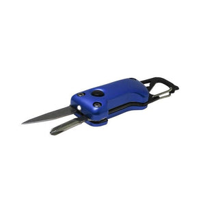 Blauer Karabiner mit schwarzen und silbernen Details und einer integrierten Taschenlampe von hinten mit Taschenmesser und Schraubenzieher ausgeklappt