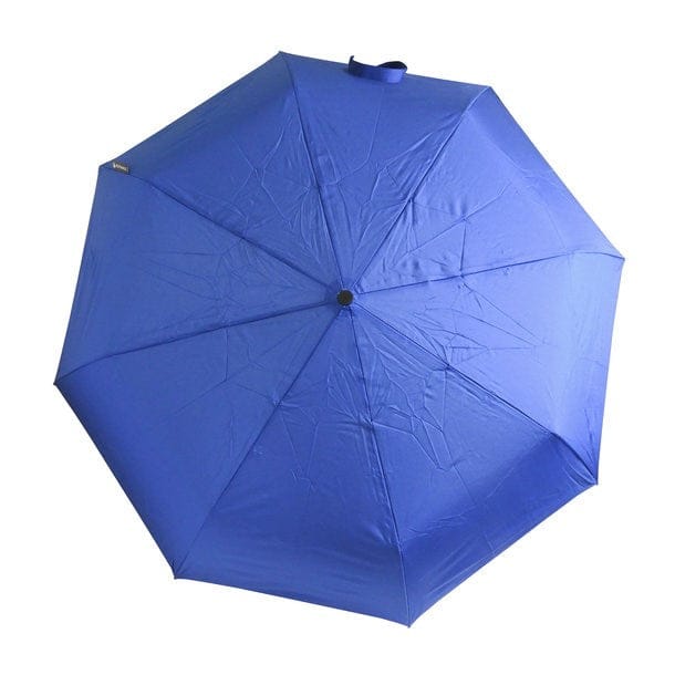 Blauer Regenschirm mit schwarzem Griff und silbernen Stange von oben