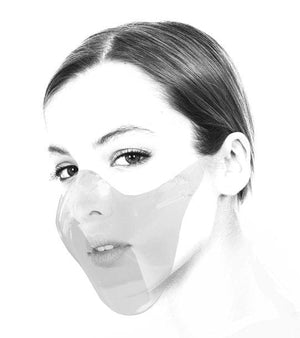 Transparente, wieder verwendbare Gesichtsmaske an einem Kopf seitlich