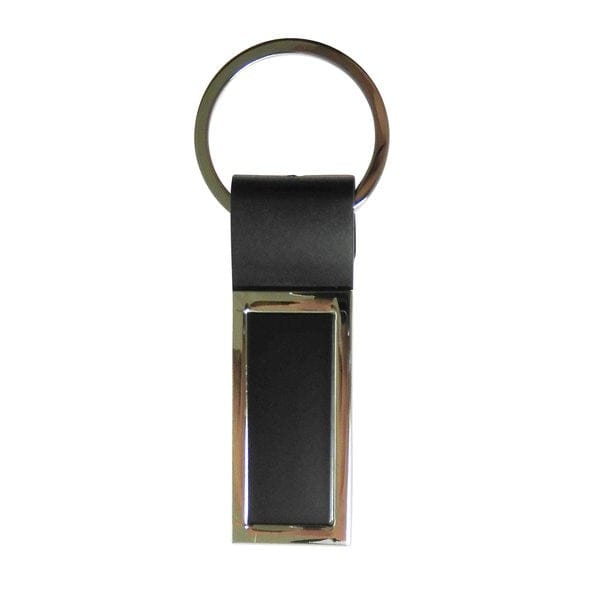 Schwarzer Schlüsselanhänger aus Leder mit silbernem Metallring und rechteckigem Metallrahmen an der Vorderseite