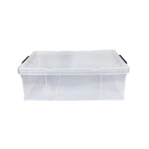 Transparente Aufbewahrungsbox mit schwarzen Henkeln von vorne