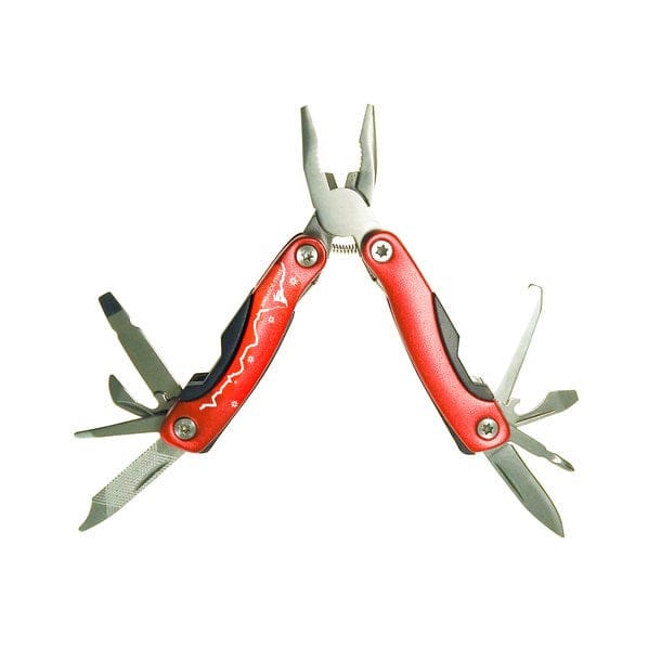 Rotes, ausgeklapptes Taschenwerkzeug mit silbernen Werkzeugen und silbernen Details, Bergmotiv und weisser Aufschrift