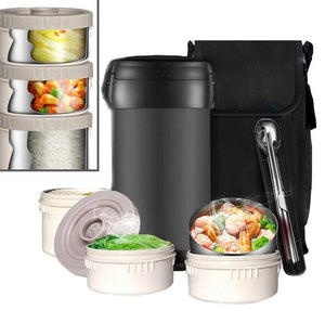 Schwarze Lunchbox mit schwarzem Tragebeutel, Besteckset, drei Vorratsdosen und Beispielen