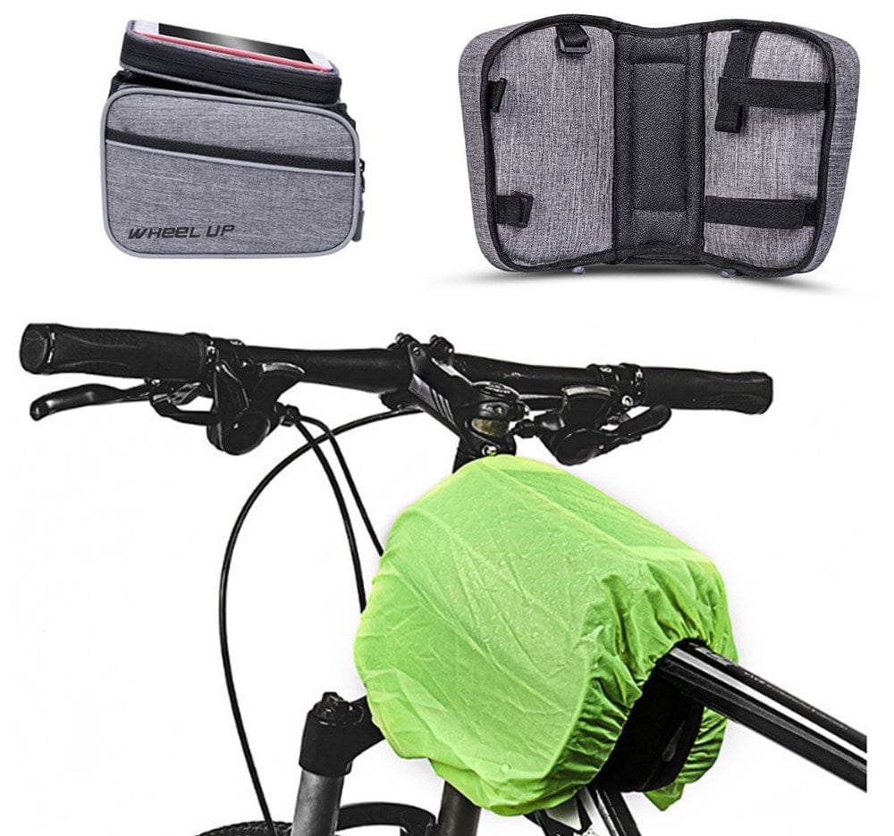 Graue Fahrradlenkertasche mit Regenschutz, transparenter Touchscreen-Hülle und zwei grossen Fächern