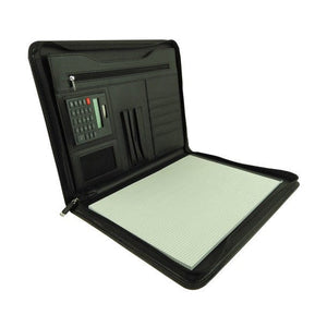Braune, geöffnete Lederschreibmappe mit Notizblock, Taschenrechner, Kartenfach und Papierfach