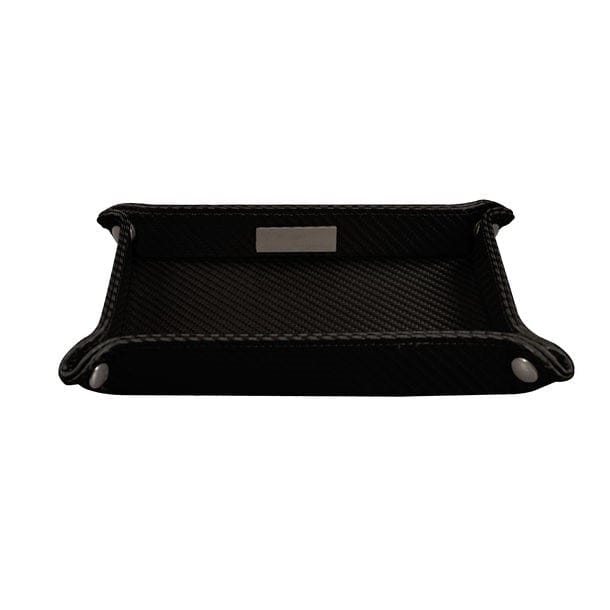 Elegante, schwarze Pultschale aus Leder mit silbernem Schild in einem Karbonmuster