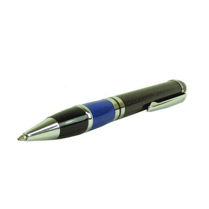 Moderner Carbon-Kugelschreiber mit blauen Details von der Seite