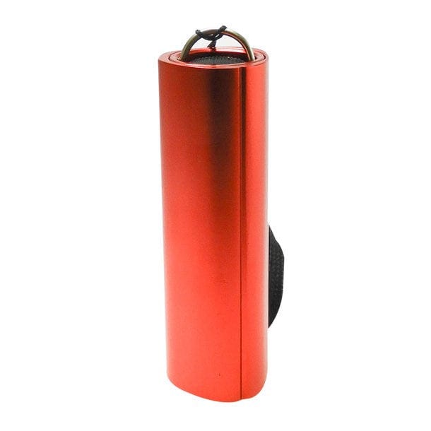 Rote Taschenlampe mit schwarzem Knopf und schwarzem Band
