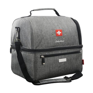 Graue Stoffkühltasche mit Reissverschluss, Schultergurt und Schweizerwappen Design