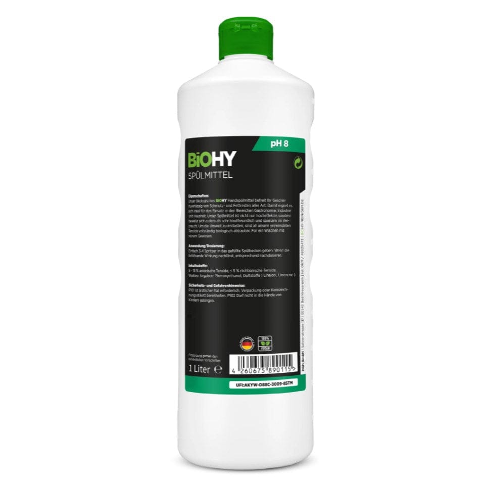 Spülmittel in weißer Flasche mit grünem Deckel von hinten