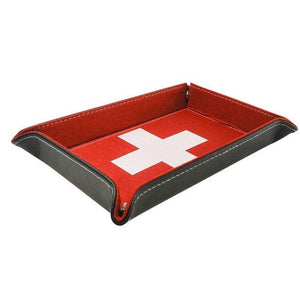 Schwarze Lederpultschale mit rotem Innenleder und Schweizerwappen Design