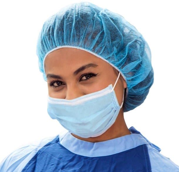 Hygiene Vlieshaube in Blau auf einem Kopf von der Seite gezeigt