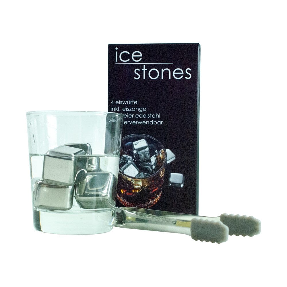 Silberne Edelstahl-Kühlsteine mit Glas und Zange vor Verpackung, ideal zum Kühlen von Getränken ohne Verwässern