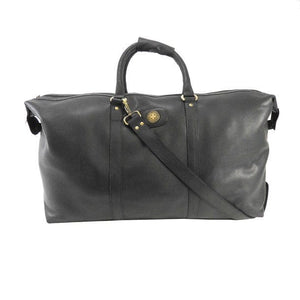 Schwarze Lederreisetasche mit goldenen Details und einem Schultergurt