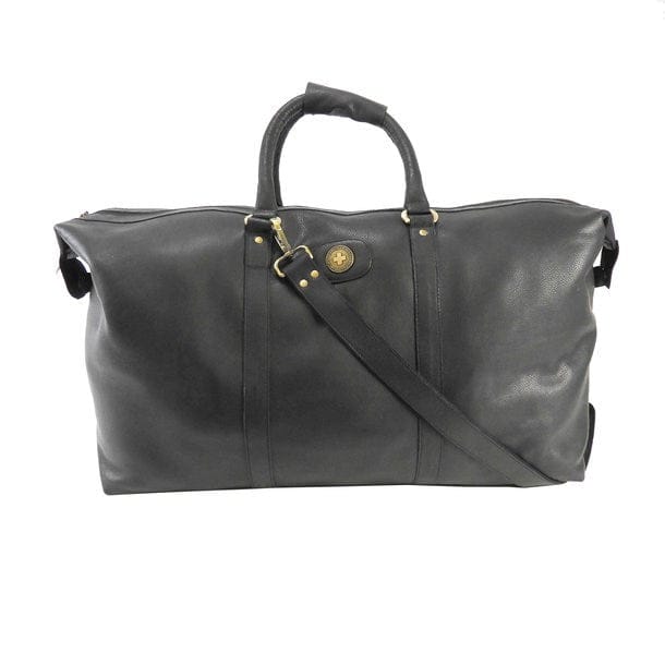 Schwarze Lederreisetasche mit goldenen Details und einem Schultergurt