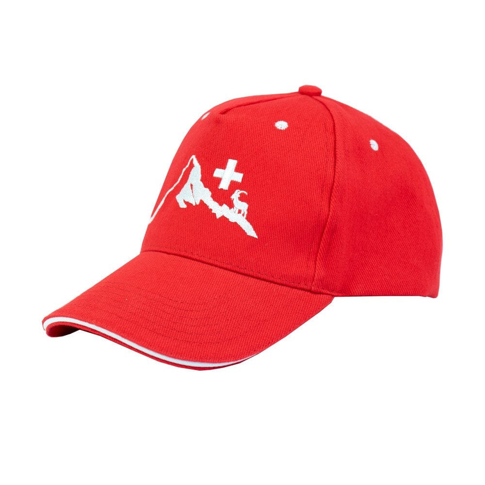 Rote Baseball-Cap mit Bergen Motiv und Schweizerwappen