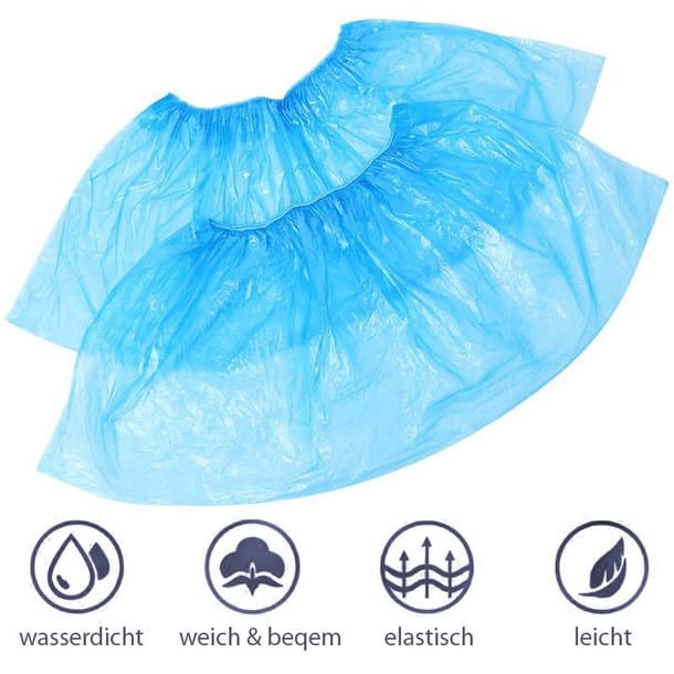 Medizinische, blaue Überschuhe aus Plastik mit Produktdetails