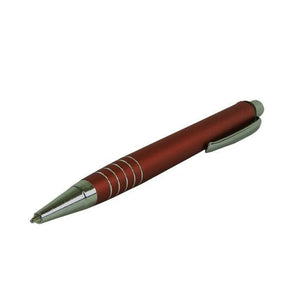 Roter Kugelschreiber mit silbernen Details schräg von vorne