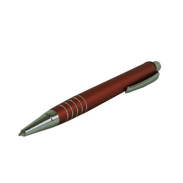 Roter Kugelschreiber mit silbernen Details schräg von vorne