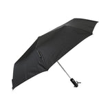 Schwarzer Regenschirm mit schwarzem Griff und silbernen Stange