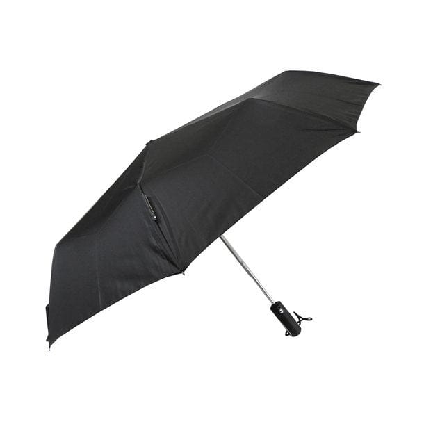 Schwarzer Regenschirm mit schwarzem Griff und silbernen Stange