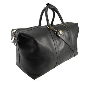 Schwarze Lederreisetasche mit goldenen Details und einem Schultergurt von der Seite